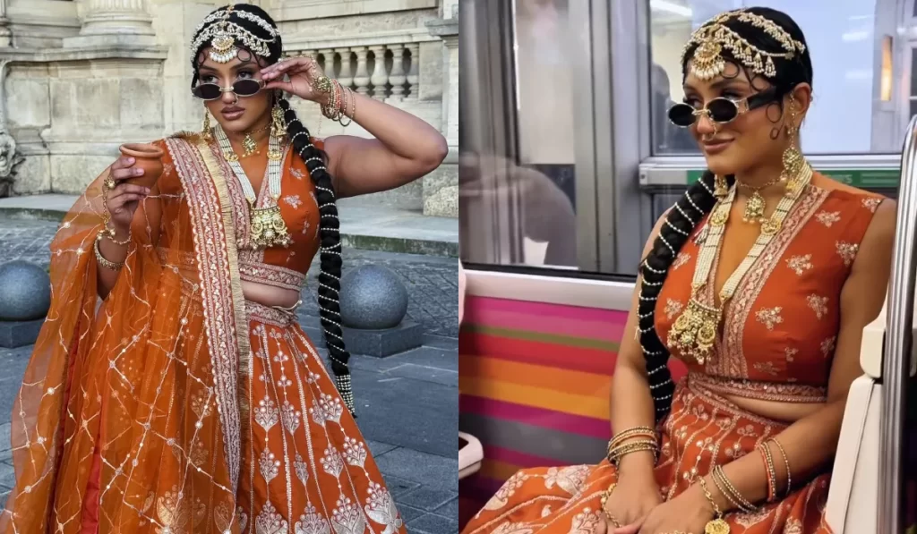 Indian woman Paris metro lehenga
