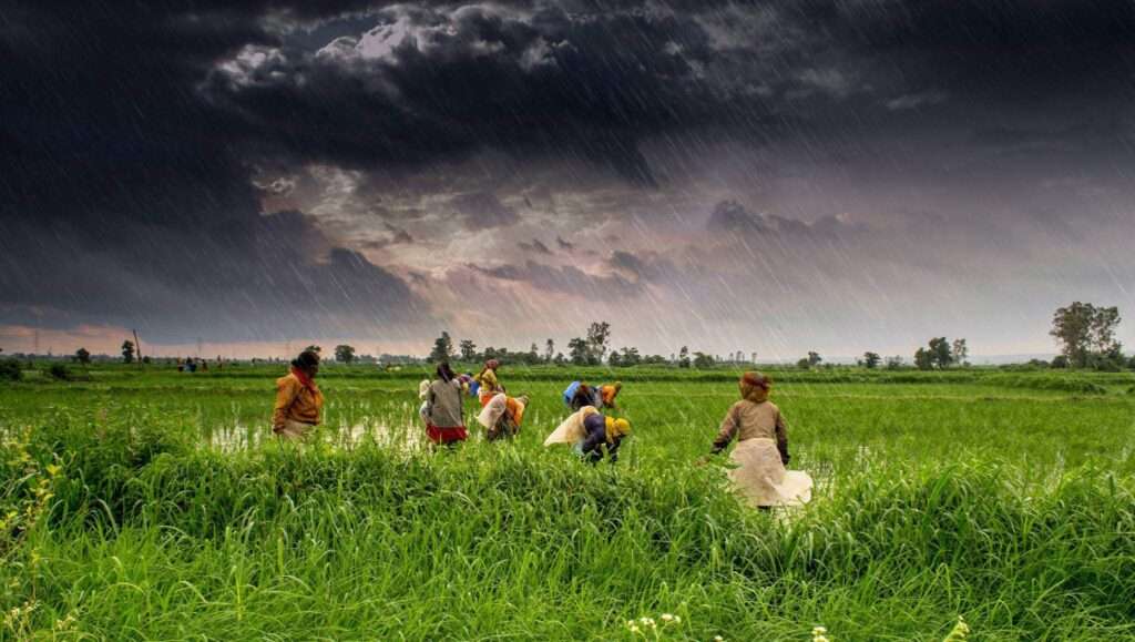 “Dark rain clouds approaching over dry agricultural land in India.