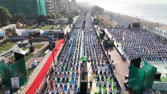 Massive crowd performing yoga together across Andhra Pradesh to set a new world record.