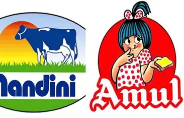Amul and Nandini logos side by side, symbolizing the dairy brand conflict in Karnataka.
