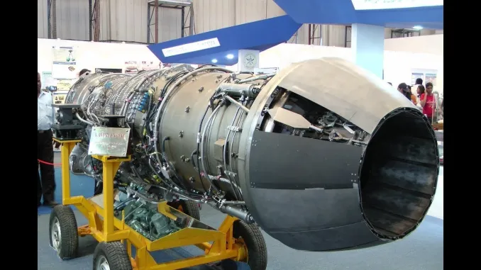 GE F414 engine displayed at a global defense expo