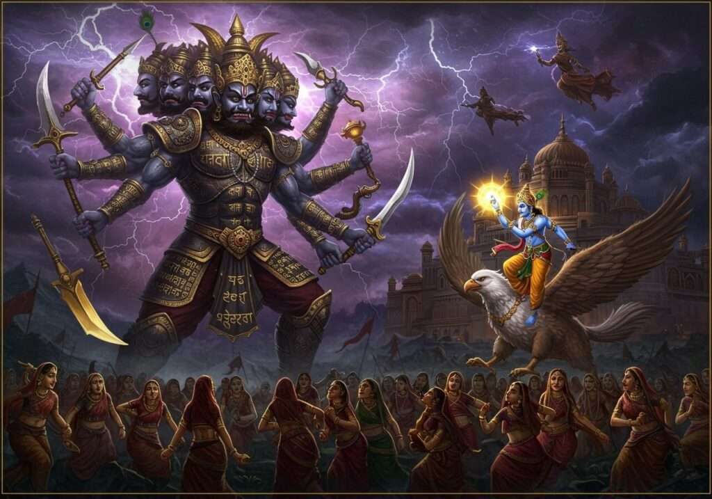 Lord Krishna defeats Narakasura