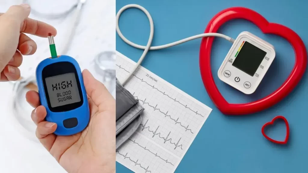 Human heart with blood sugar monitor, highlighting diabetes as a key risk for heart disease.