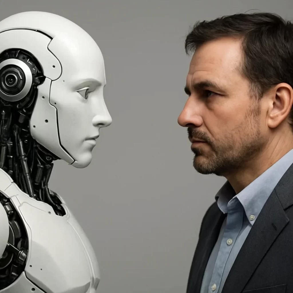 AI robots replacing human jobs.