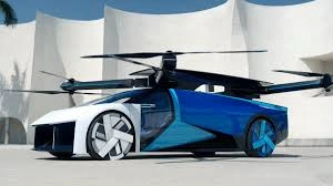 Chinese flying car soars above city.