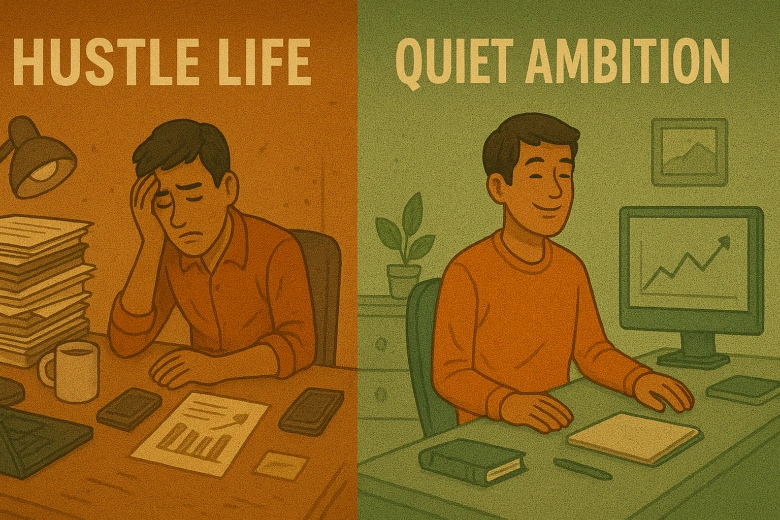 Person relaxing in nature, embracing quiet life over hustle.