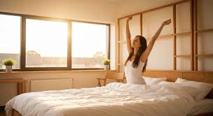 Woman doing morning breathing exercise
