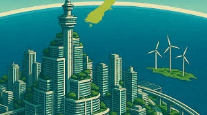 Urban skyline over small land area