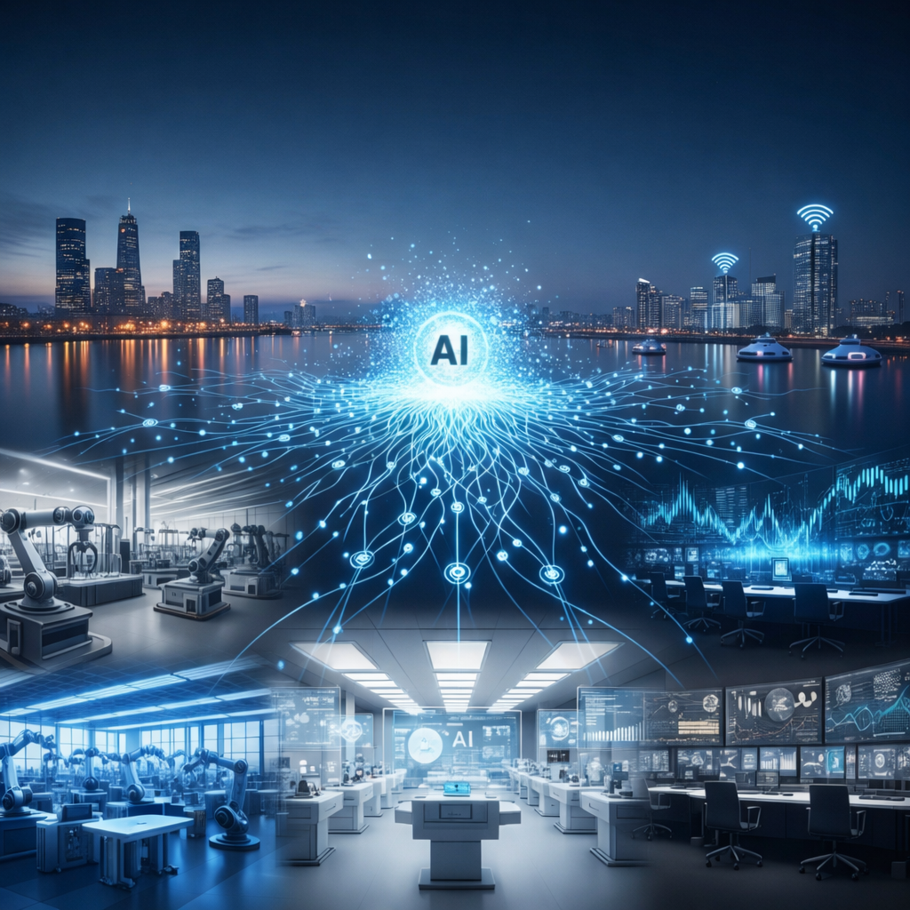 Futuristic city with AI technology visuals