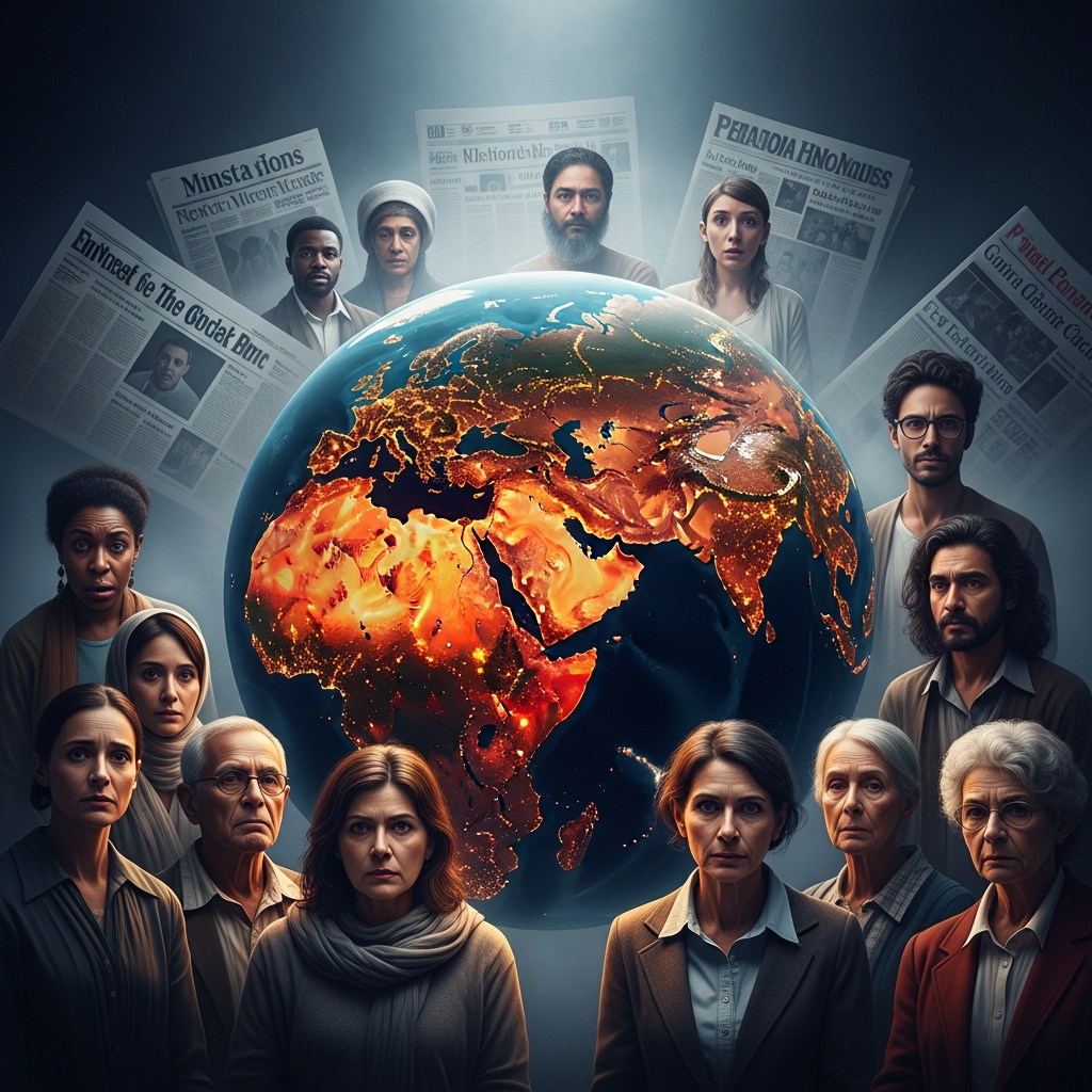 Group around illuminated globe, newspapers.