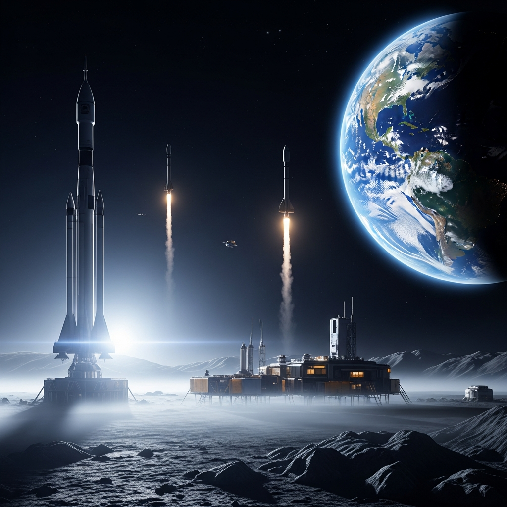 Rocket launch from lunar base.