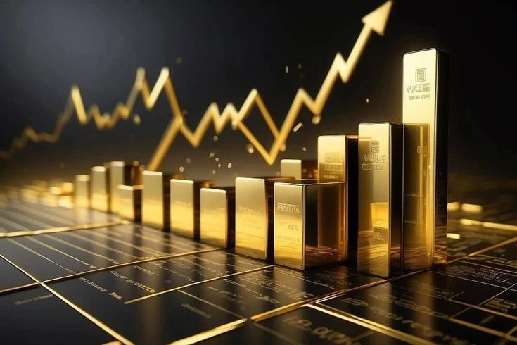 Alt text: Gold prices chart surges sharply upward.