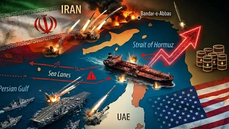 Middle East crisis map showing oil routes, alliances, conflicts.