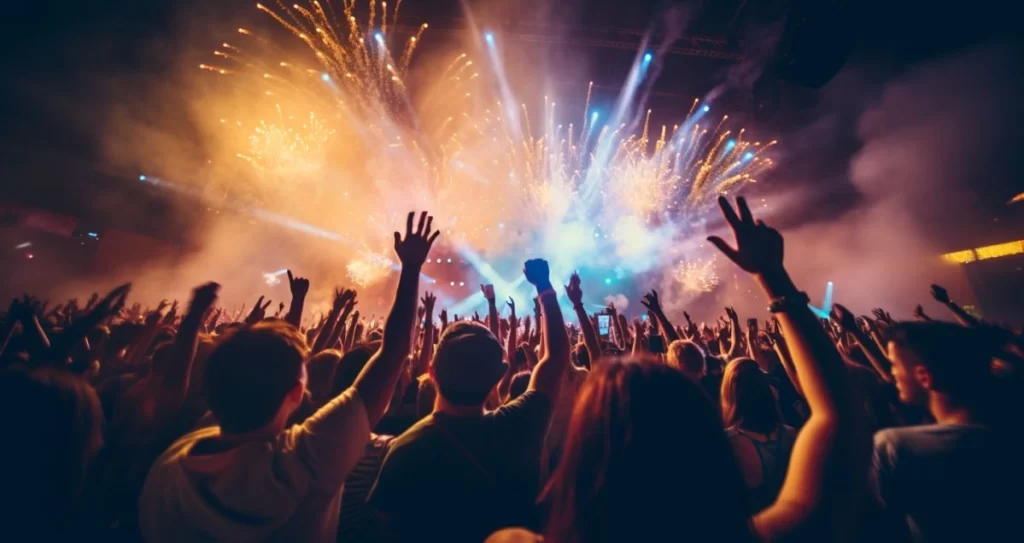 Vibrant Coachella 2026 crowd under desert sky.
