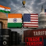 India-US trade ties strained afresh over Russian oil purchases. Generate an image relatedd with the tittle.