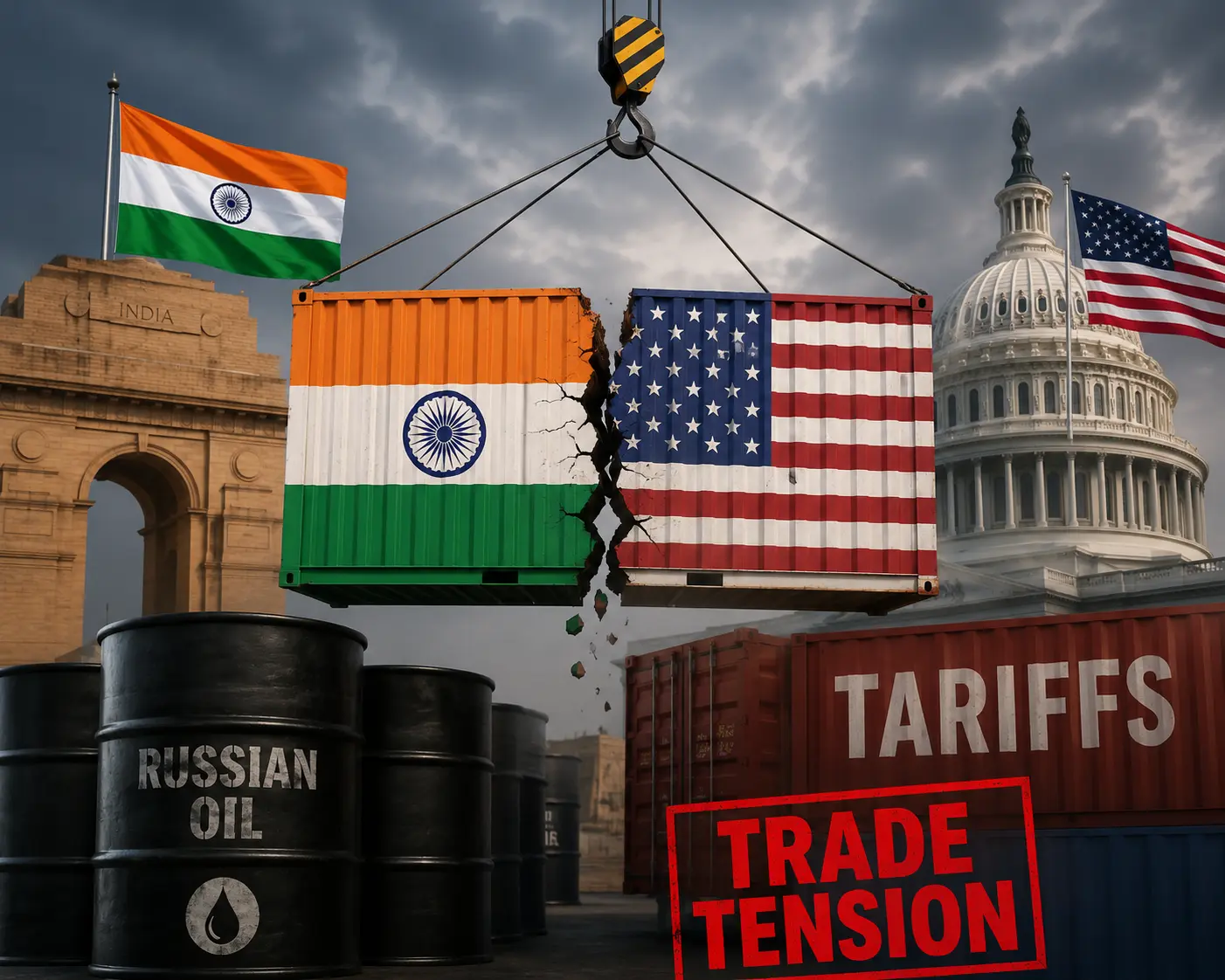 India-US trade ties strained afresh over Russian oil purchases. Generate an image relatedd with the tittle.