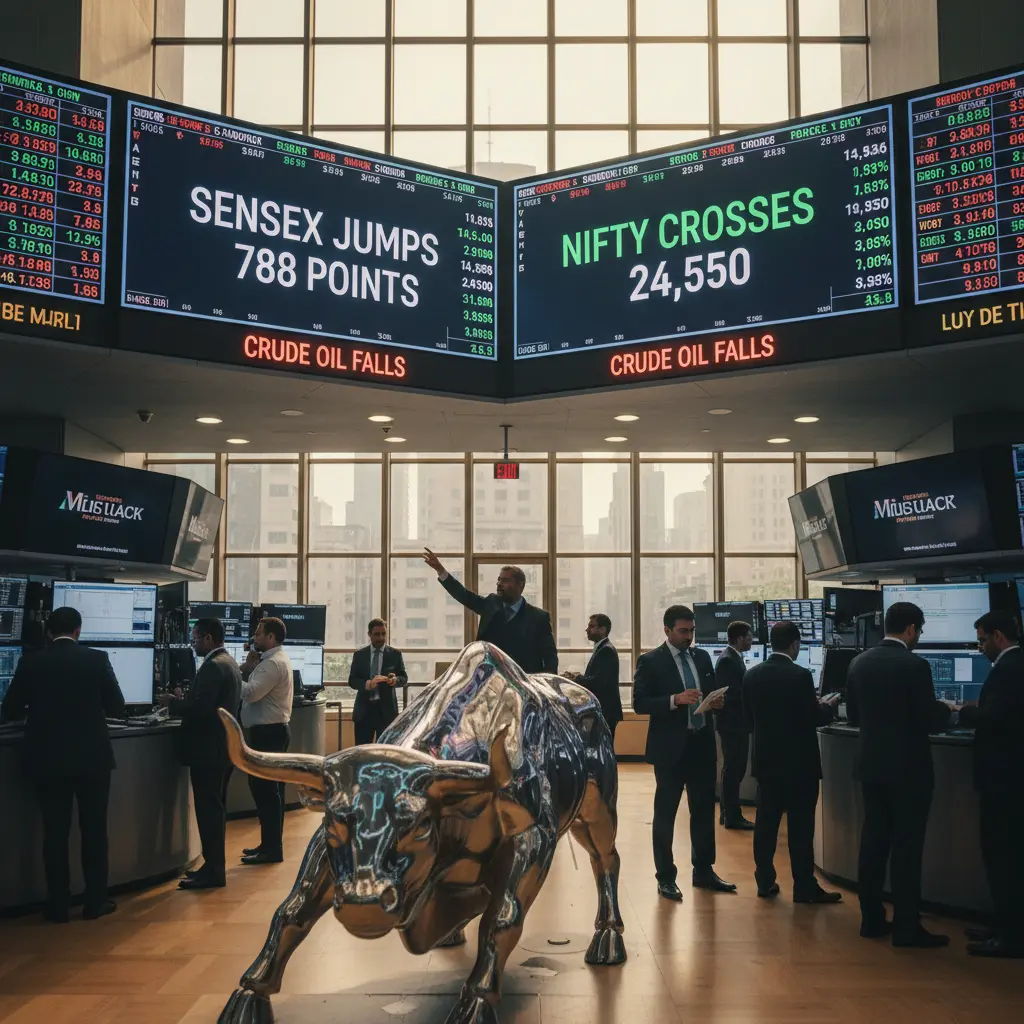Sensex Jumps 788 Points, Nifty Crosses 24,550 as Crude Oil Falls