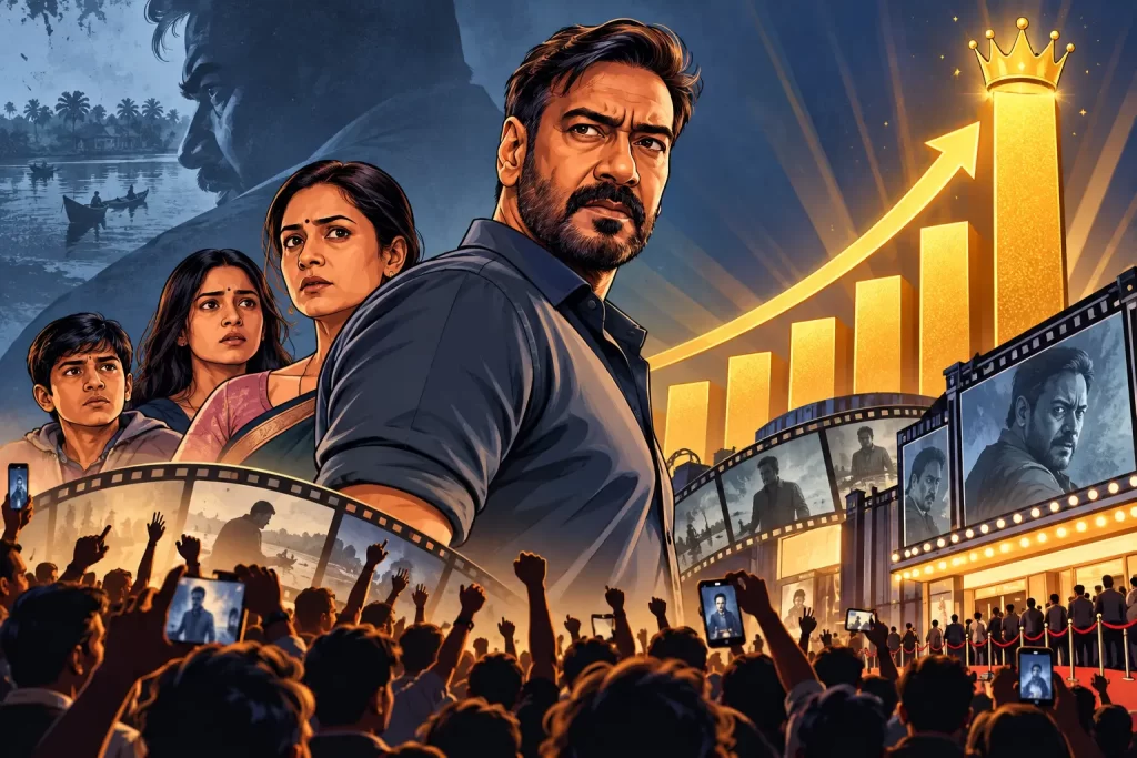 Drishyam 3 Becomes Ajay Devgn’s Biggest Hit Ever. Generate an Image of given Tittle. Dont use tittle in the image.
