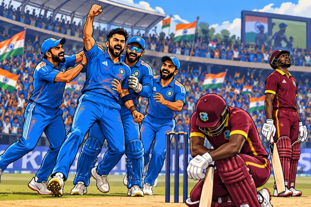India Survive a Late Scare to Edge West Indies in Indore. Generate an Image of given Tittle. Dont use tittle in the image.