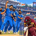 India Survive a Late Scare to Edge West Indies in Indore. Generate an Image of given Tittle. Dont use tittle in the image.