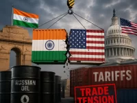 India-US trade ties strained afresh over Russian oil purchases. Generate an image relatedd with the tittle.